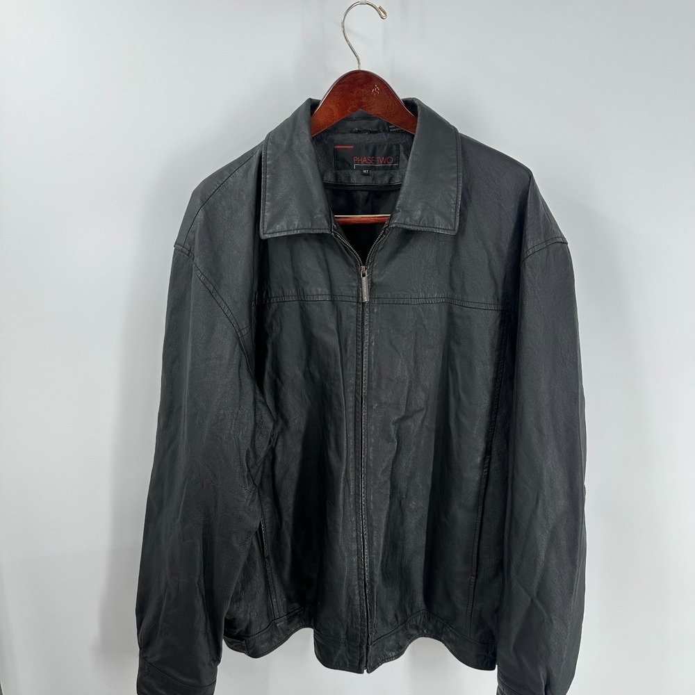 Phase Two Classic Motorcycle Biker Full Zip Leather Bomber Jacket Black Size XLT